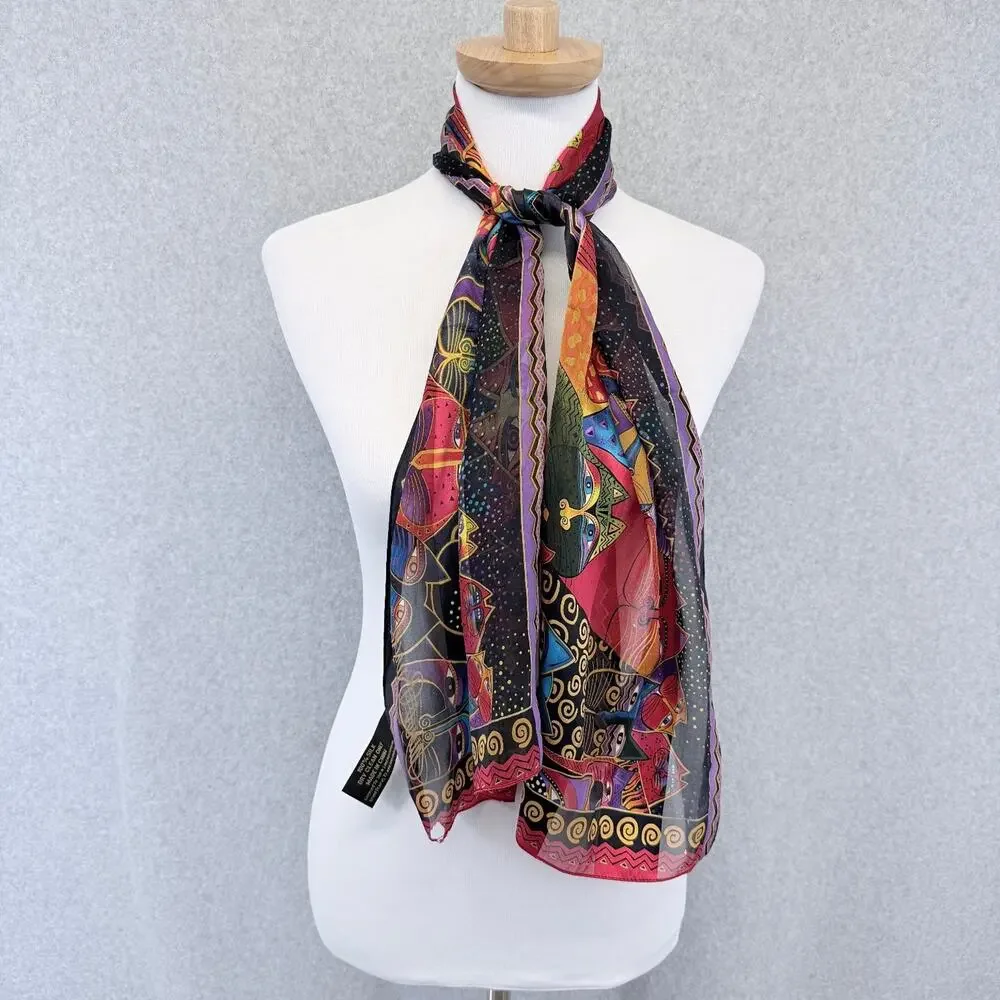 Sun N Sand 100% Silk Long Scarf Colorful Abstract Cat Print Multicolor 55 x 11